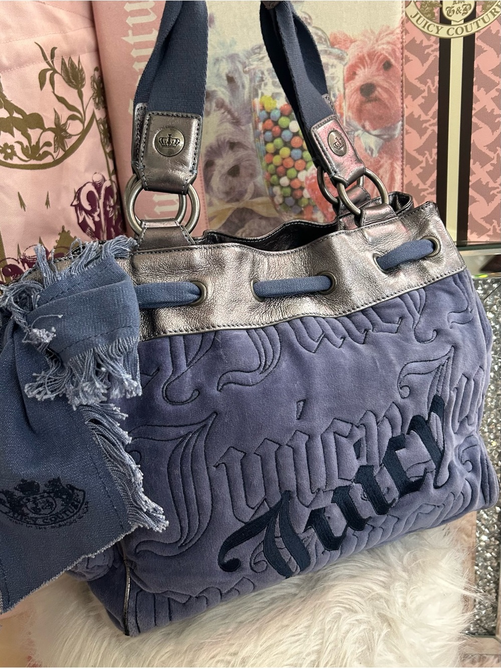 Rare Vintage 2009 Juicy Couture Slate Blue Logo Stitching Velour Daydreamer Bag